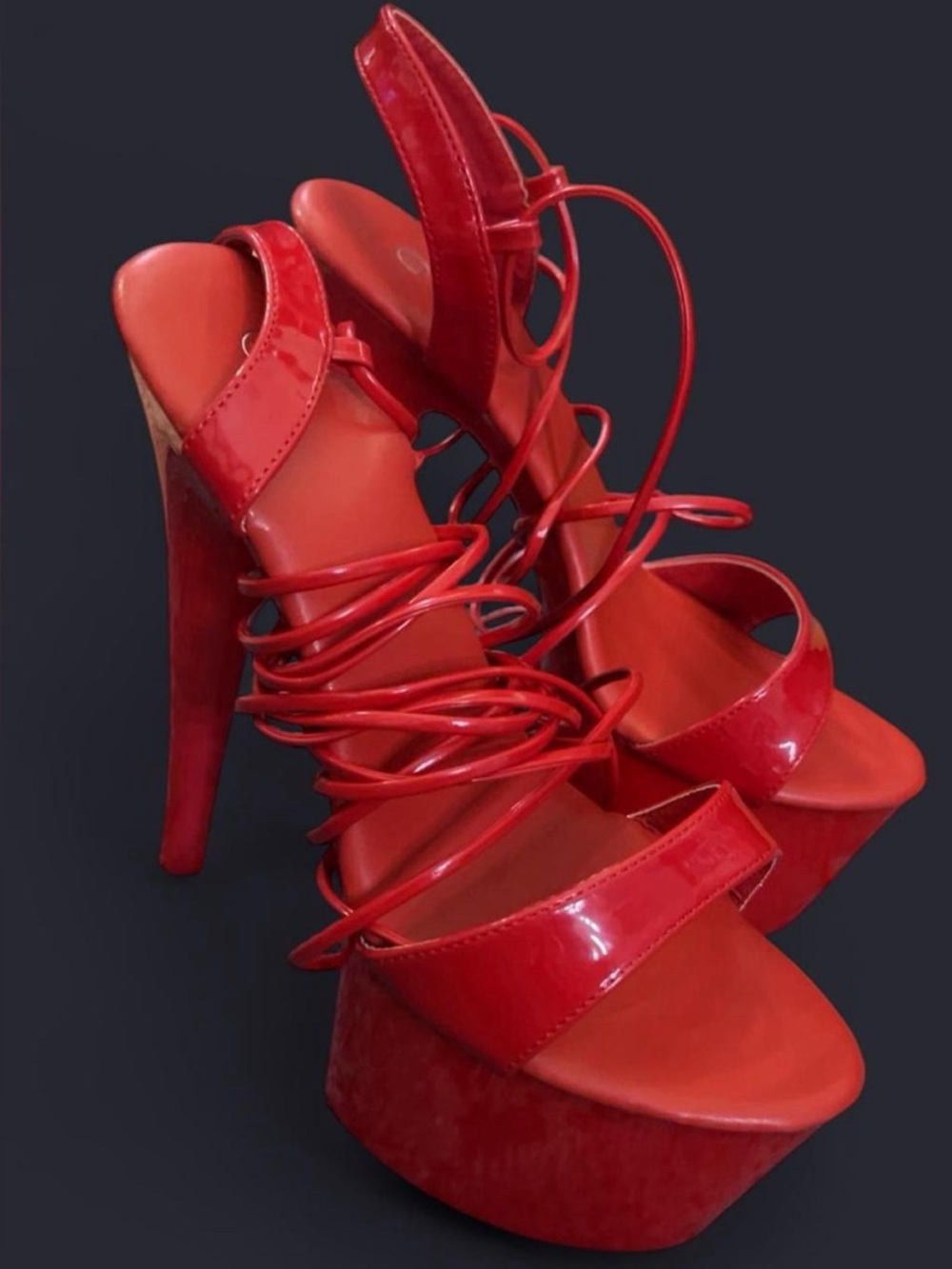 Red Strappy Platform High Heels - Women